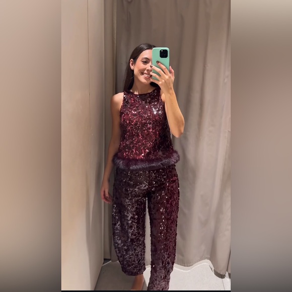ZARA SEQUIN TOP WITH FAUX FUR HEM - Picture 7 of 13